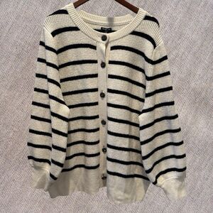 NWT Who What Wear Black Cream Striped Sweater Women Rhinestones Button Chunky 3x